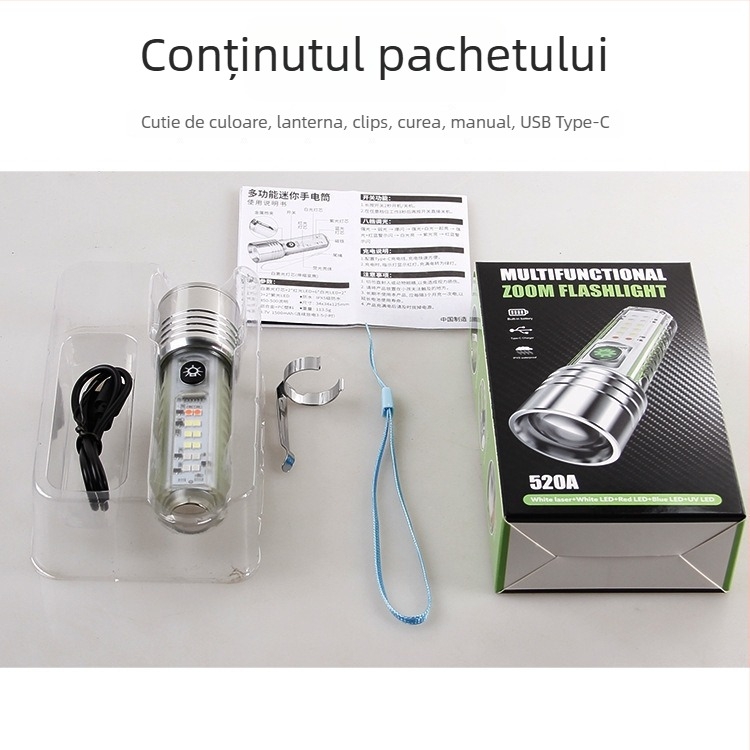 Fener LED pentru breloc, 350+ lm, baterie de 1500 mAh, reîncărcabil, zoom optic, rază 100–200 m