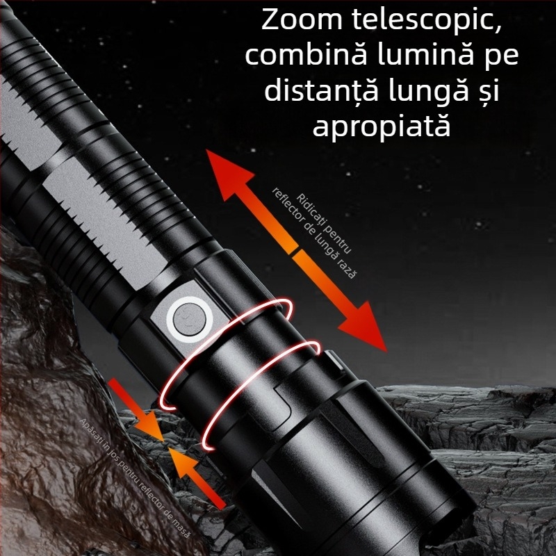 Lanternă LED pentru camping, rotație la 360°, reîncărcabilă, rază 500 m, 15W, 7200