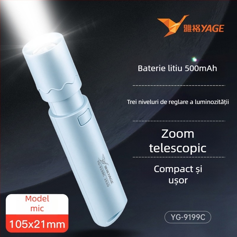 Lanternă portabilă cu design telescopic, LED 3W, 140 lm, autonomie 3 ore, baterie reîncărcabilă 14500