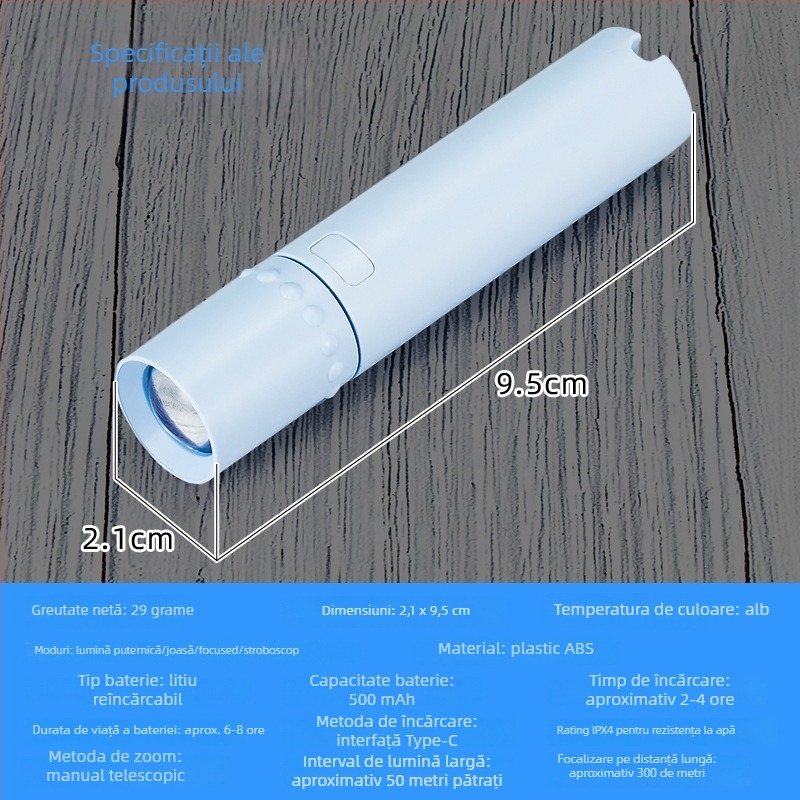 Soson Felinar LED ABS — Încărcare USB, LED 1W, baterie 500 mAh, focalizare telescopică