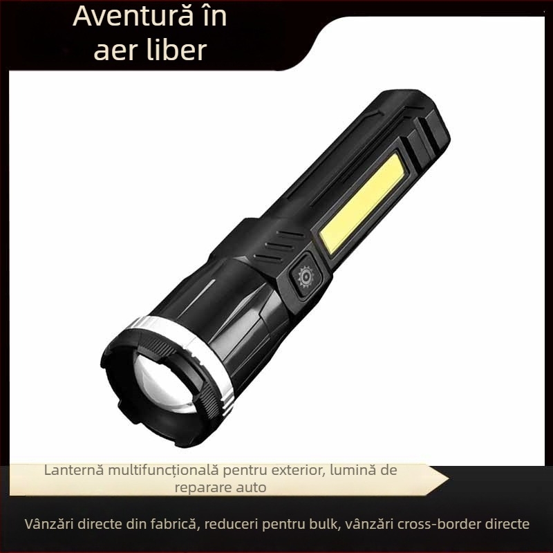 Fener LED cu lumină laterală USB, zoom, rotație la 360° — 20W, baterie 1200 mAh, rază 200–500 m, pentru camping și ciclism