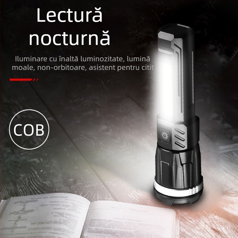 Fener LED cu lumină laterală USB, zoom, rotație la 360° — 20W, baterie 1200 mAh, rază 200–500 m, pentru camping și ciclism