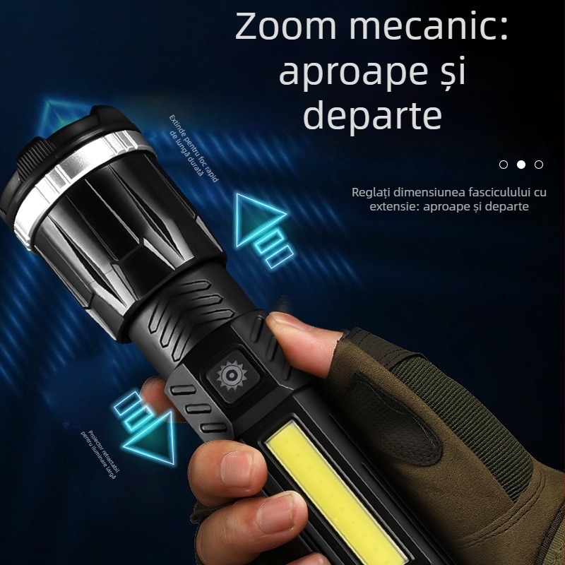 Fener LED cu lumină laterală USB, zoom, rotație la 360° — 20W, baterie 1200 mAh, rază 200–500 m, pentru camping și ciclism