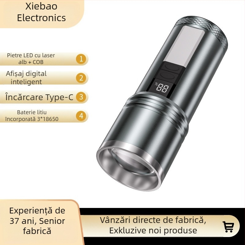 Lanternă LED COB cu alimentare manuală, corp din aluminiu, încărcare USB, rază 100–200 m, autonomie baterie 4 h