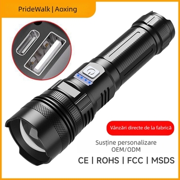 Lanternă LED cu zoom optic, încărcare USB, impermeabilă, rază până la 500 m, baterie 3000 mAh