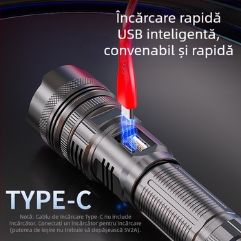 Lanternă LED cu zoom optic, încărcare USB, impermeabilă, rază până la 500 m, baterie 3000 mAh