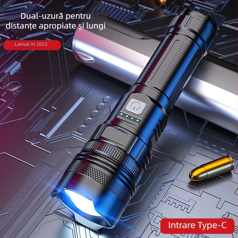 Lanternă LED cu zoom optic, încărcare USB, impermeabilă, rază până la 500 m, baterie 3000 mAh