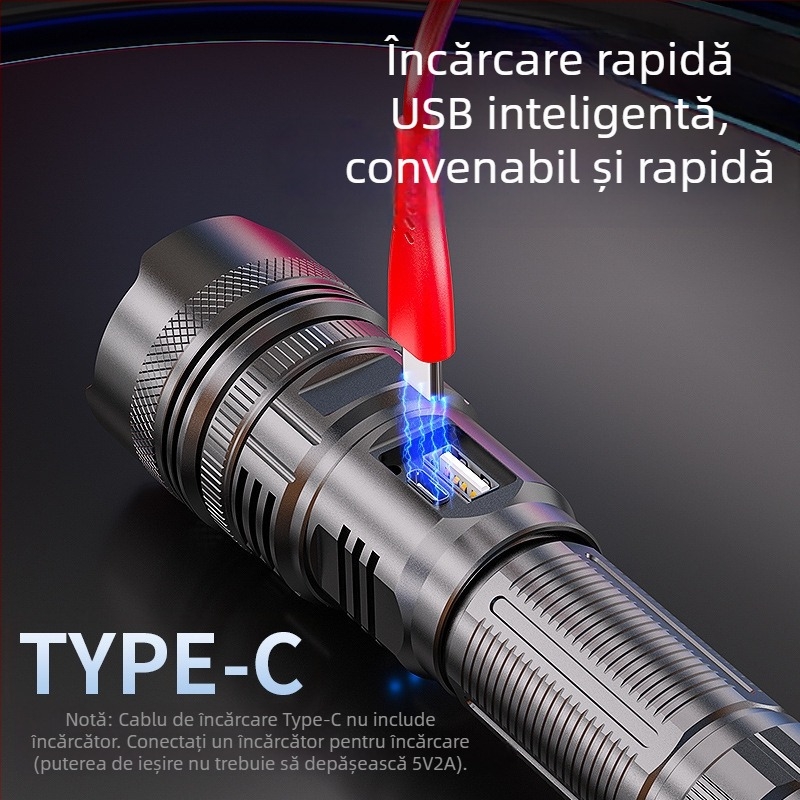 Lanternă LED cu zoom optic, încărcare USB, impermeabilă, rază până la 500 m, baterie 3000 mAh