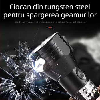 Ciocan de salvare auto cu lanternă multifuncțională, corp din aliaj de aluminiu, baterie reîncărcabilă de 3200 mAh, rotație de 360°, acționare manuală, încărcător încorporat