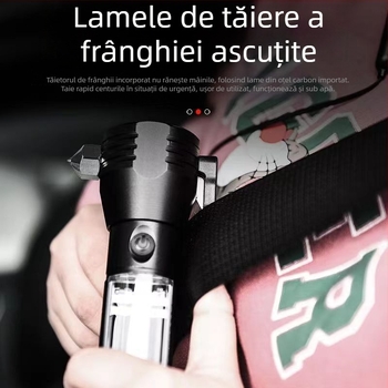 Ciocan de salvare auto cu lanternă multifuncțională, corp din aliaj de aluminiu, baterie reîncărcabilă de 3200 mAh, rotație de 360°, acționare manuală, încărcător încorporat