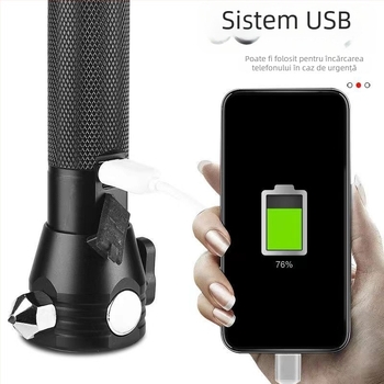 Ciocan de salvare auto cu lanternă multifuncțională, corp din aliaj de aluminiu, baterie reîncărcabilă de 3200 mAh, rotație de 360°, acționare manuală, încărcător încorporat