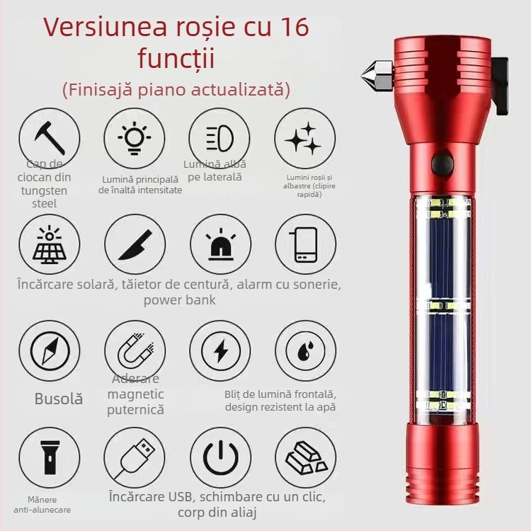 Ciocan de salvare auto cu lanternă multifuncțională, corp din aliaj de aluminiu, baterie reîncărcabilă de 3200 mAh, rotație de 360°, acționare manuală, încărcător încorporat