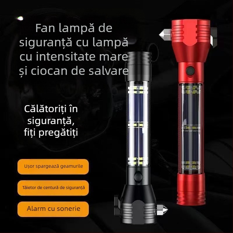 Ciocan de salvare auto cu lanternă multifuncțională, corp din aliaj de aluminiu, baterie reîncărcabilă de 3200 mAh, rotație de 360°, acționare manuală, încărcător încorporat