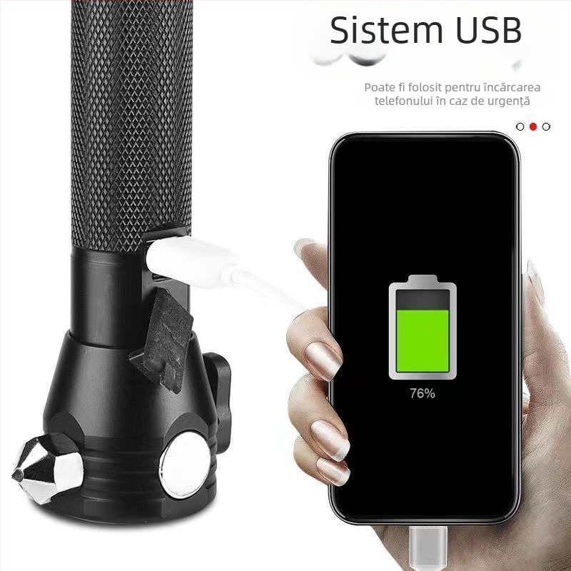 Ciocan de salvare auto cu lanternă multifuncțională, corp din aliaj de aluminiu, baterie reîncărcabilă de 3200 mAh, rotație de 360°, acționare manuală, încărcător încorporat