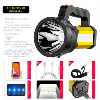 Focar LED pentru camping cu încărcare USB, 15W, corp din aliaj de aluminiu, 8000 mAh, rază peste 500 m