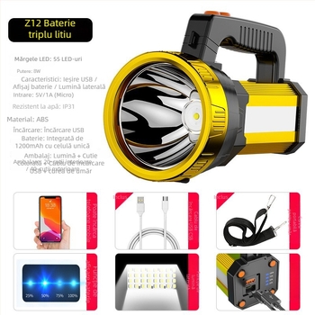 Focar LED pentru camping cu încărcare USB, 15W, corp din aliaj de aluminiu, 8000 mAh, rază peste 500 m