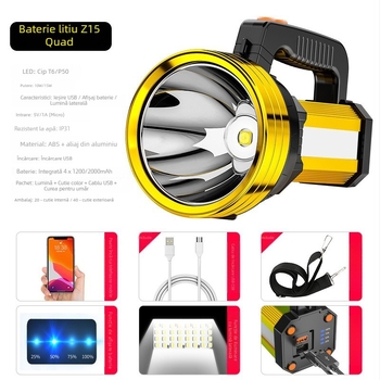 Focar LED pentru camping cu încărcare USB, 15W, corp din aliaj de aluminiu, 8000 mAh, rază peste 500 m