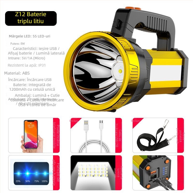 Focar LED pentru camping cu încărcare USB, 15W, corp din aliaj de aluminiu, 8000 mAh, rază peste 500 m