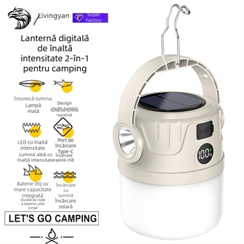 Lumină LED solară pentru camping, încărcare USB, 5W, baterie 1200mAh, sursă de lumină LED și bec, pentru camping și situații de urgență