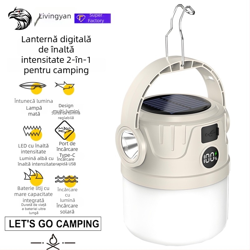 Lumină LED solară pentru camping, încărcare USB, 5W, baterie 1200mAh, sursă de lumină LED și bec, pentru camping și situații de urgență