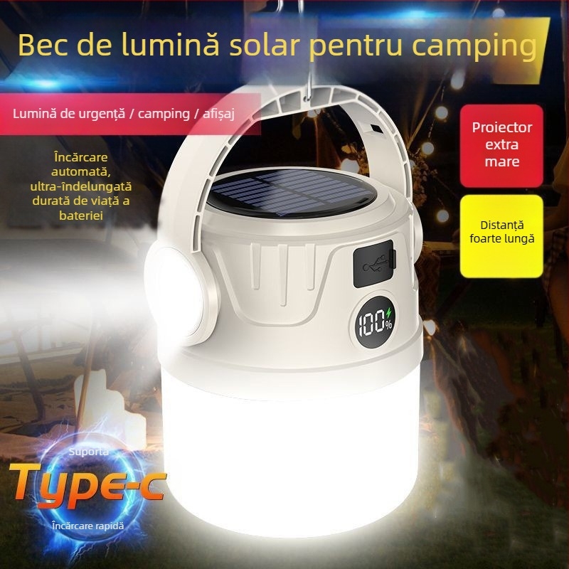 Lumină LED solară pentru camping, încărcare USB, 5W, baterie 1200mAh, sursă de lumină LED și bec, pentru camping și situații de urgență
