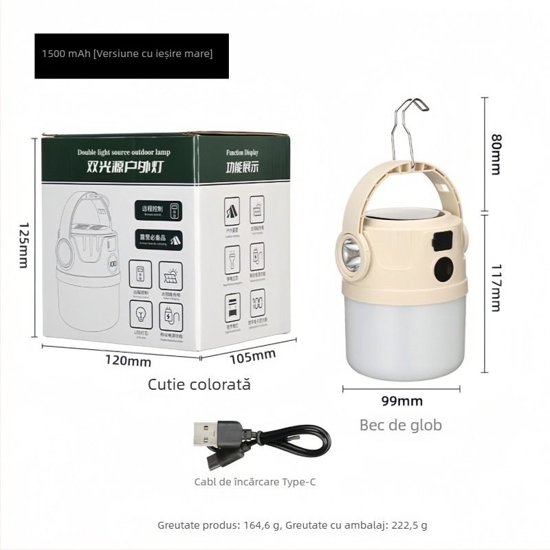 Lumină LED solară pentru camping, încărcare USB, 5W, baterie 1200mAh, sursă de lumină LED și bec, pentru camping și situații de urgență