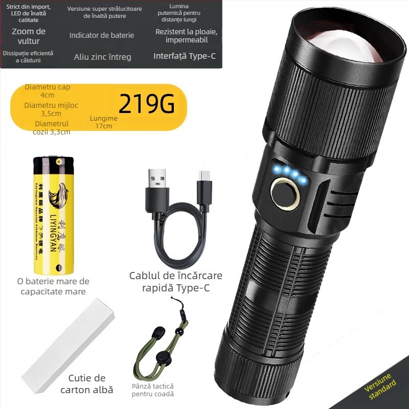 Lanternă LED Eagle Eye din aliaj de aluminiu, 30W, baterie 5000mAh, cap rotativ la 360°, zoom optic, rază peste 500 m