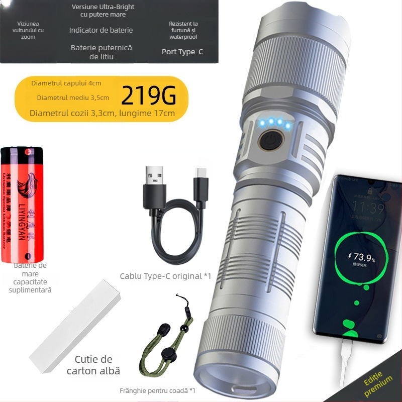 Lanternă LED Eagle Eye din aliaj de aluminiu, 30W, baterie 5000mAh, cap rotativ la 360°, zoom optic, rază peste 500 m