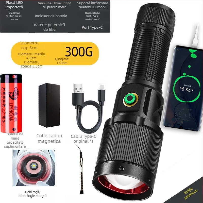 Lanternă LED Eagle Eye din aliaj de aluminiu, 30W, baterie 5000mAh, cap rotativ la 360°, zoom optic, rază peste 500 m