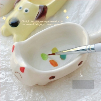 Instrumente pentru manichiură — cană ceramică de spălare a pensulelor și paletă, design cu un câine și o pisică în stil desen animat, suport pentru unghii, origine Zhejiang