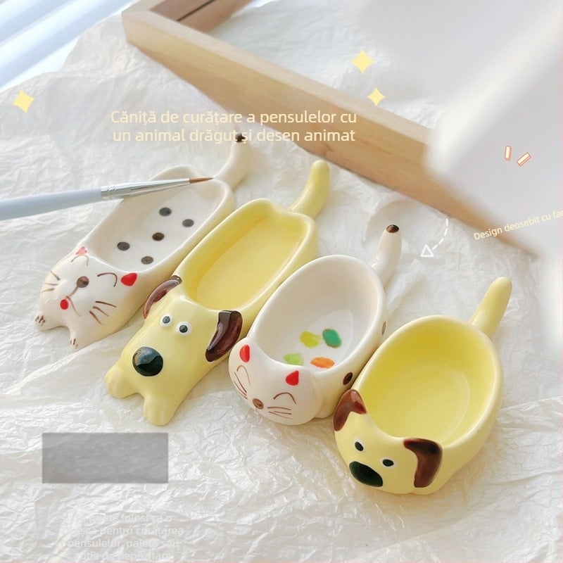 Instrumente pentru manichiură — cană ceramică de spălare a pensulelor și paletă, design cu un câine și o pisică în stil desen animat, suport pentru unghii, origine Zhejiang