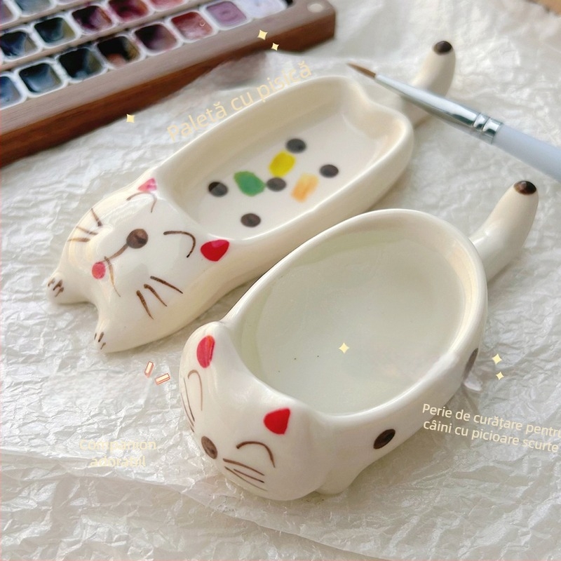 Instrumente pentru manichiură — cană ceramică de spălare a pensulelor și paletă, design cu un câine și o pisică în stil desen animat, suport pentru unghii, origine Zhejiang