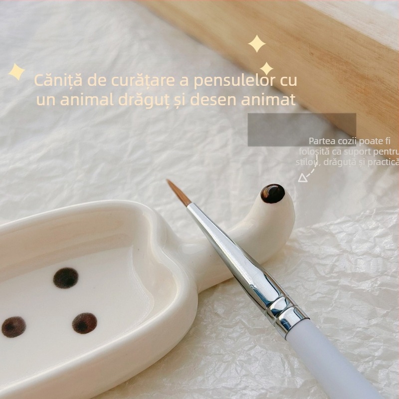 Instrumente pentru manichiură — cană ceramică de spălare a pensulelor și paletă, design cu un câine și o pisică în stil desen animat, suport pentru unghii, origine Zhejiang