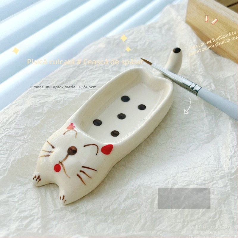Instrumente pentru manichiură — cană ceramică de spălare a pensulelor și paletă, design cu un câine și o pisică în stil desen animat, suport pentru unghii, origine Zhejiang