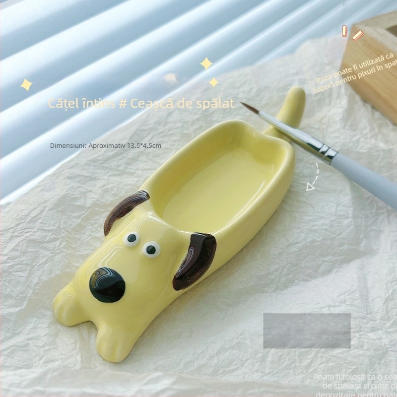 Instrumente pentru manichiură — cană ceramică de spălare a pensulelor și paletă, design cu un câine și o pisică în stil desen animat, suport pentru unghii, origine Zhejiang