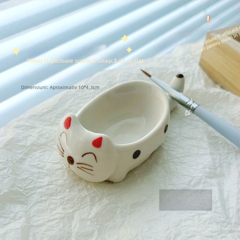 Instrumente pentru manichiură — cană ceramică de spălare a pensulelor și paletă, design cu un câine și o pisică în stil desen animat, suport pentru unghii, origine Zhejiang