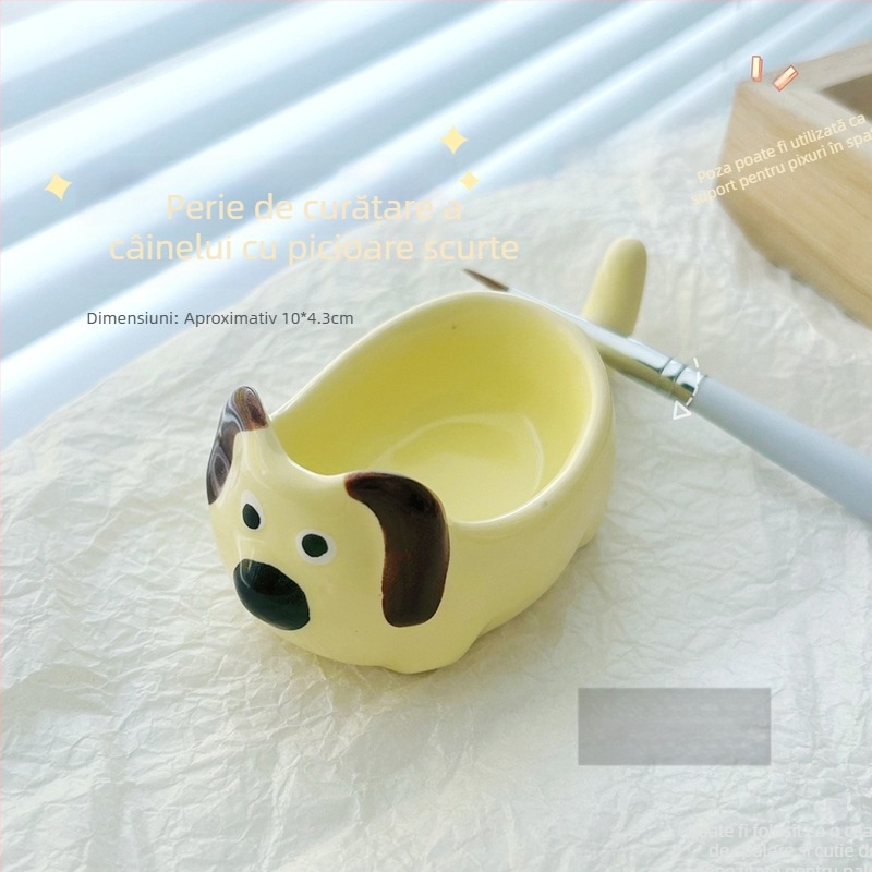 Instrumente pentru manichiură — cană ceramică de spălare a pensulelor și paletă, design cu un câine și o pisică în stil desen animat, suport pentru unghii, origine Zhejiang
