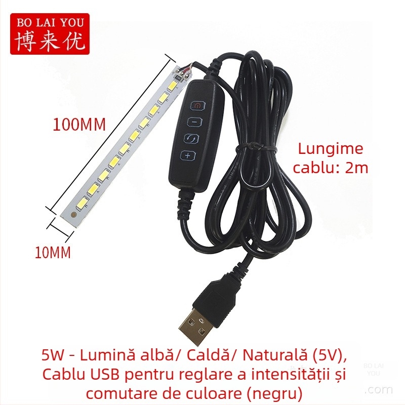 Lampa LED USB pentru birou cu reglaj de intensitate, alimentare 5V USB, întrerupător cu buton, abajur din aluminiu, suport metalic