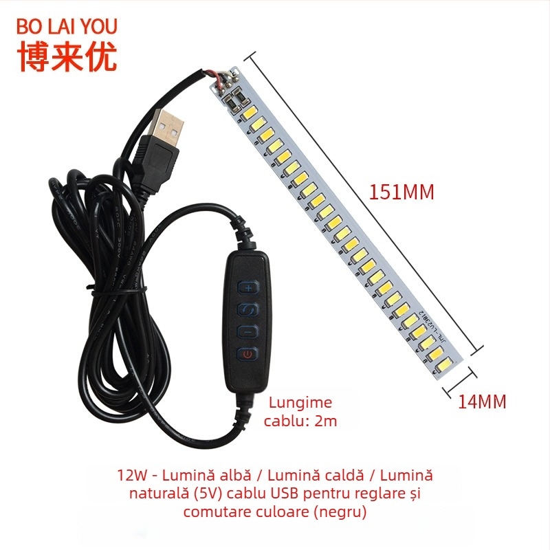 Lampa LED USB pentru birou cu reglaj de intensitate, alimentare 5V USB, întrerupător cu buton, abajur din aluminiu, suport metalic