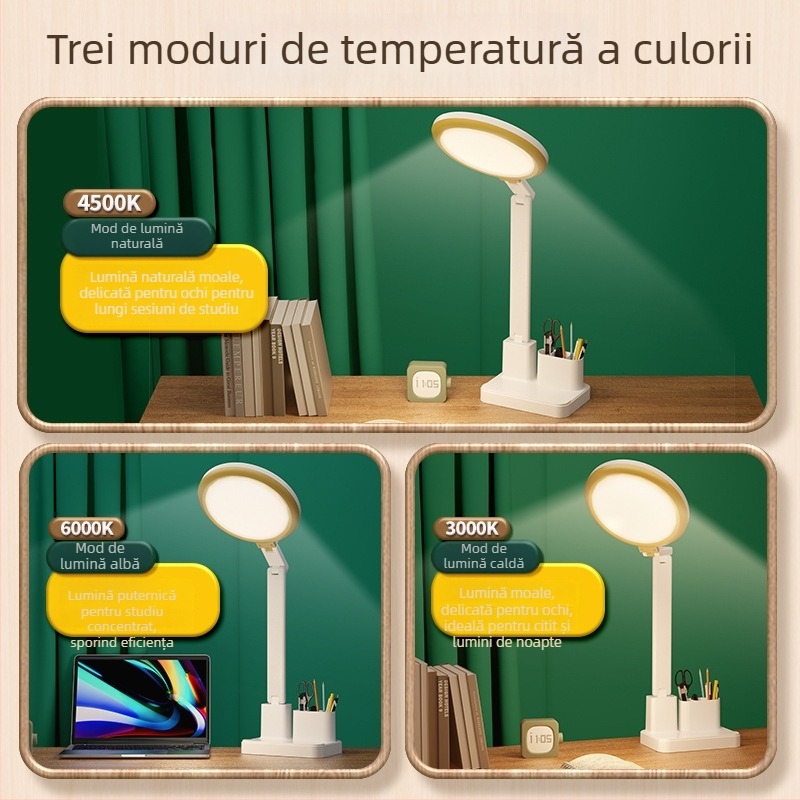 Lampă de birou pentru învățare cu protecție oculară, anti-lumină albastră, fără pâlpâire; încărcare USB, pliabilă, reglaj intensitate luminoasă, control tactil, baterie încorporată, lumină de noapte