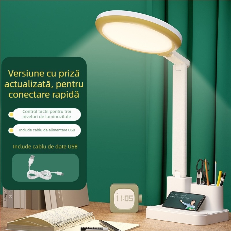 Lampă de birou pentru învățare cu protecție oculară, anti-lumină albastră, fără pâlpâire; încărcare USB, pliabilă, reglaj intensitate luminoasă, control tactil, baterie încorporată, lumină de noapte