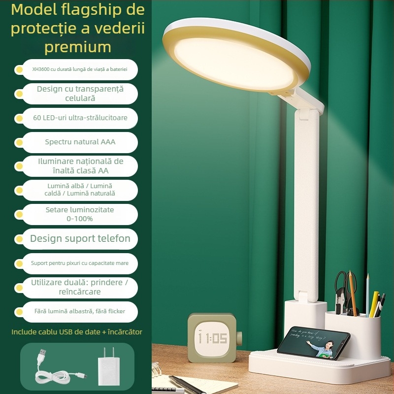 Lampă de birou pentru învățare cu protecție oculară, anti-lumină albastră, fără pâlpâire; încărcare USB, pliabilă, reglaj intensitate luminoasă, control tactil, baterie încorporată, lumină de noapte