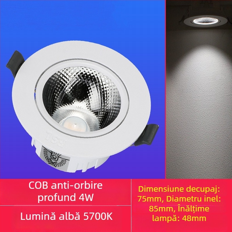 Spot LED încastrat pentru tavan, design anti-strălucire, 220V, control prin întrerupător de perete, carcasă PVC, CRI 70–79