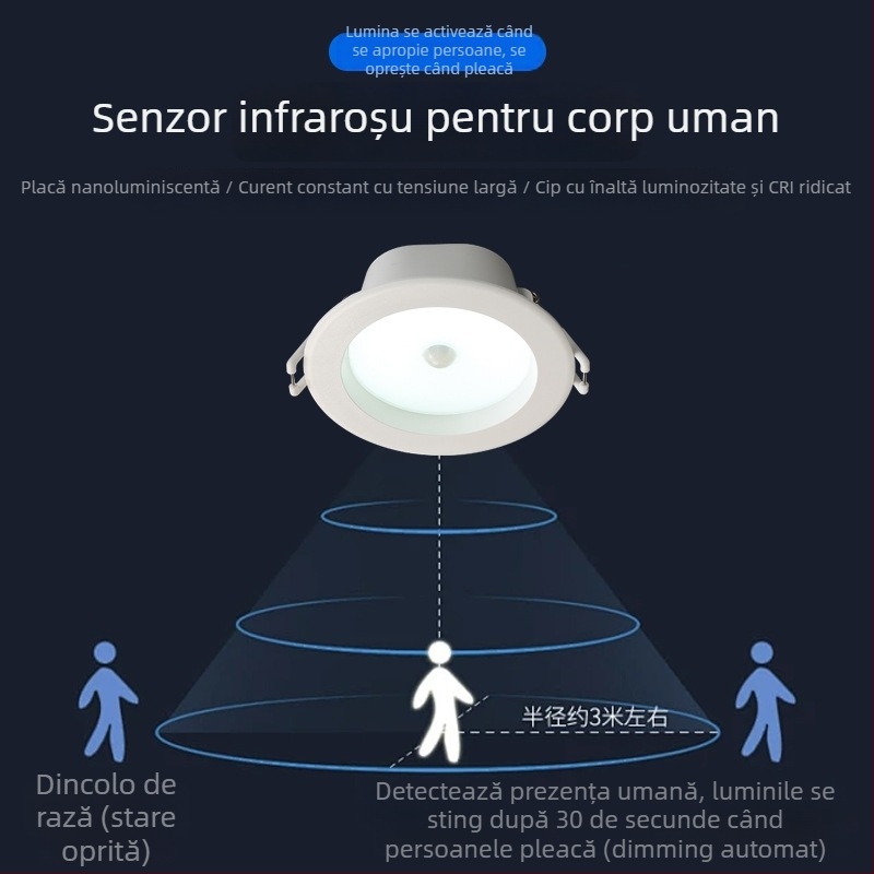 Downlight LED încorporat cu senzor radar de mișcare, instalare ascunsă, control inteligent, 6–10W, 220V