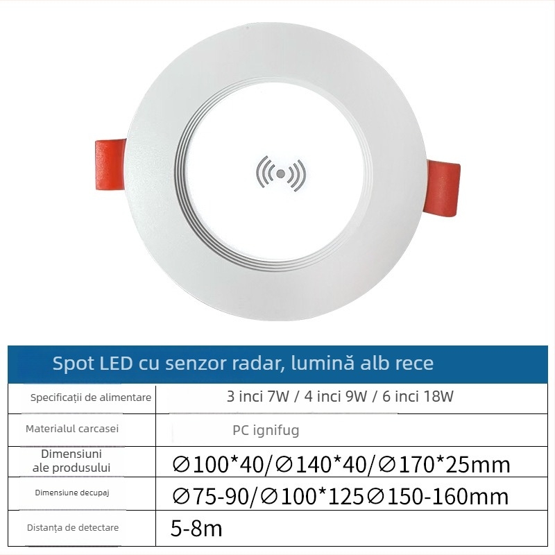 Downlight LED încorporat cu senzor radar de mișcare, instalare ascunsă, control inteligent, 6–10W, 220V