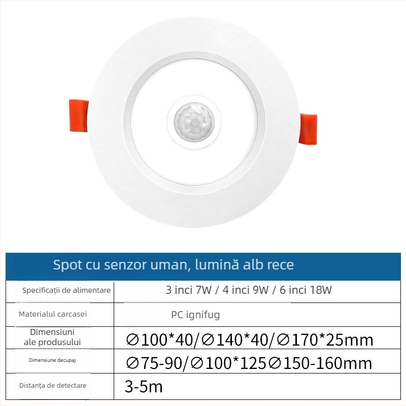 Downlight LED încorporat cu senzor radar de mișcare, instalare ascunsă, control inteligent, 6–10W, 220V