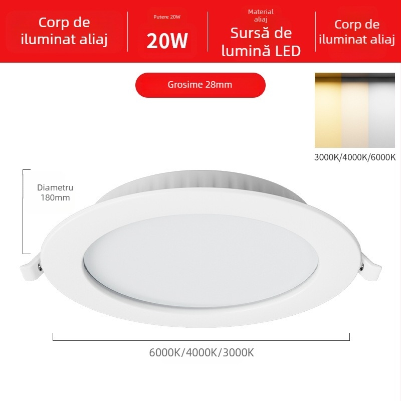 Downlight LED cu montaj încastrat, 12W, 220V, 3000K/4000K/6000K