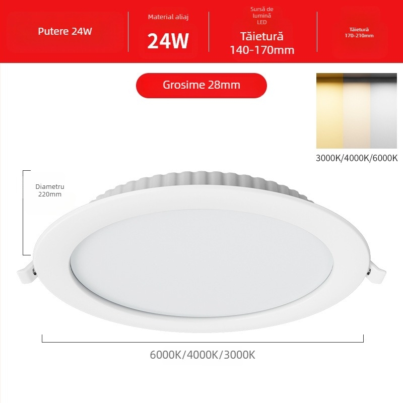 Downlight LED cu montaj încastrat, 12W, 220V, 3000K/4000K/6000K