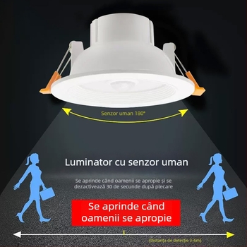 Downlight LED cu senzor de corp, radar IR și control vocal, montaj ascuns, 220V, perle LED 2835 x10, 6500K