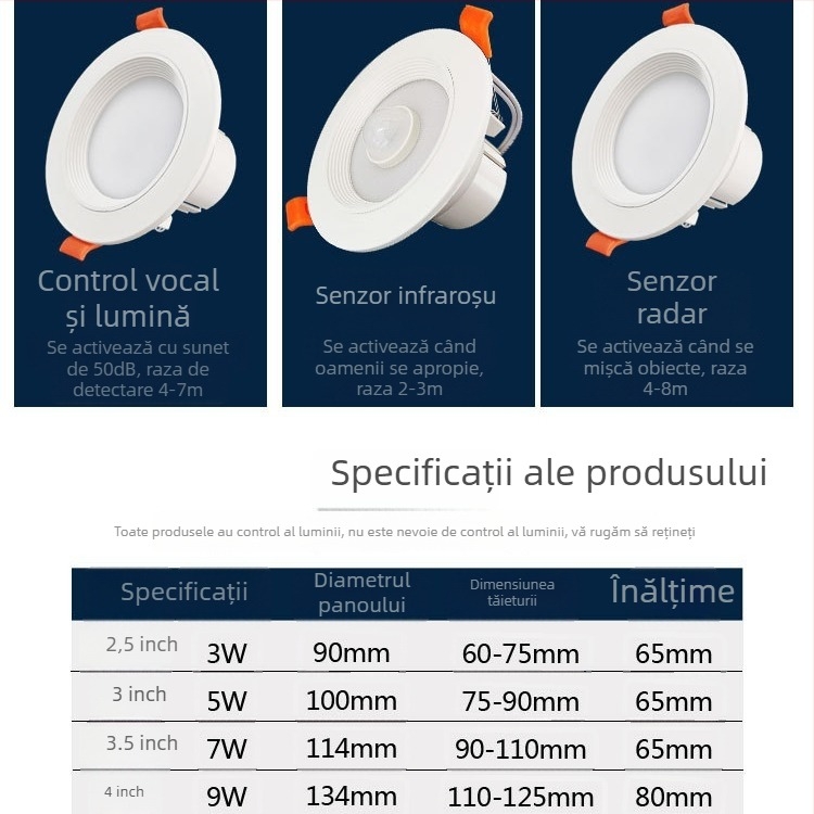 Downlight LED cu senzor de corp, radar IR și control vocal, montaj ascuns, 220V, perle LED 2835 x10, 6500K